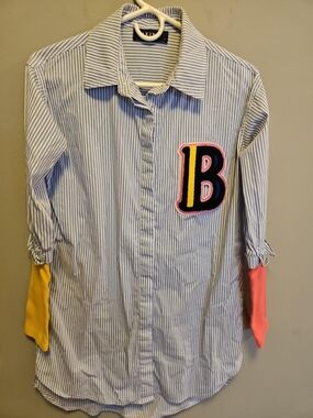 AKIRA Women’s Small Blue White Striped Button Up Shirt Varsity B Patch Colorbloc